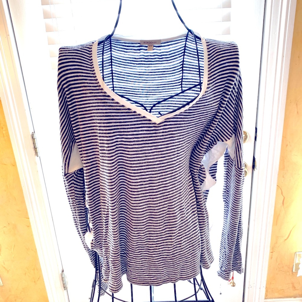 Lightweight Anthropologie Top blue and white striped with white side paneling